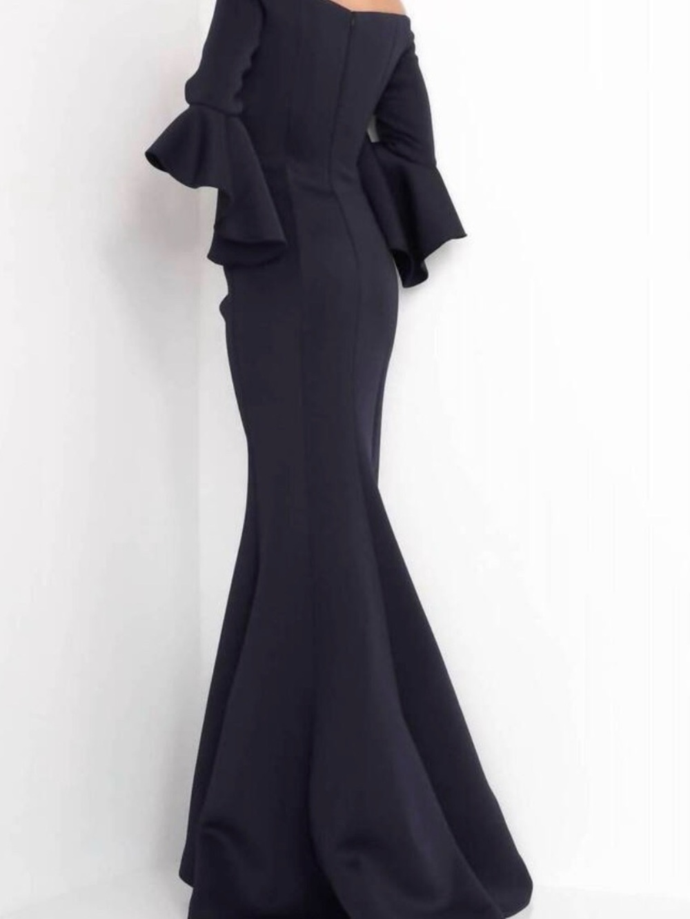 Jovani 07065 Elegant Off-Shoulder Black Mermaid Gown with Ruffled Bell Sleeves - Picture 2 of 6